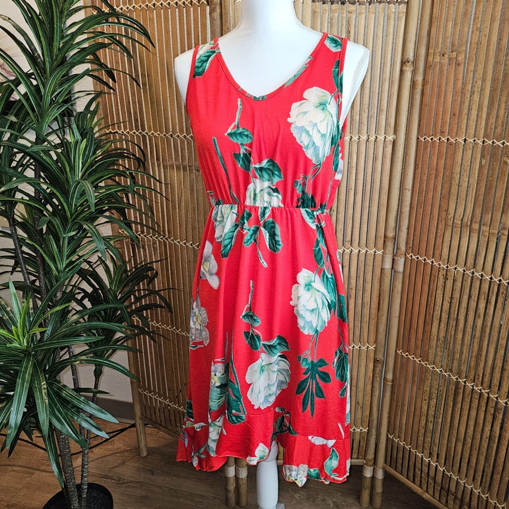 Hailey & Co Hawaiian Tropical Red Blue Floral V Neck Floral Dress Large